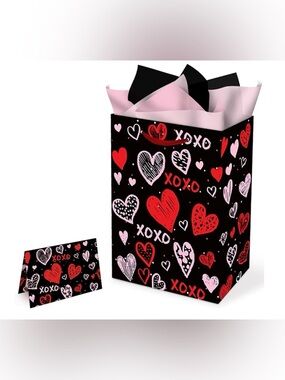 Bundle 5 Hearts XOXO Gift Bag & Tissue paper w Matching Card  Black Red & Pink